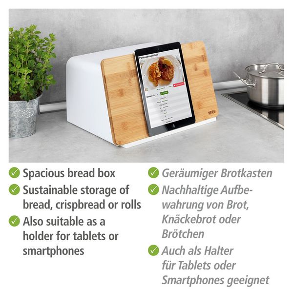 Produktbild: Brotkasten mit Bambusbrett Mod. Kubo, Wei&szlig;, mit integriertem Bambusschneidebrett