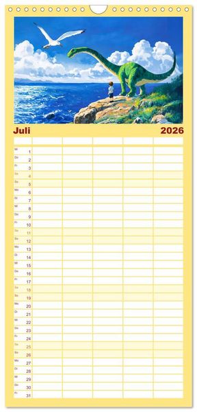 Produktbild: Familienplaner 2026 - Abenteuer mit Dinosauriern - Tolle Dino-Freunde f&uuml;r das Jahr mit 5 Spalten (Wandkalender, 21 x 45 cm) CALVENDO