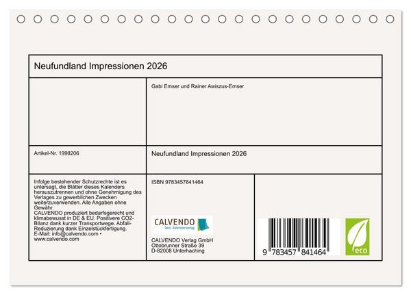Produktbild: Neufundland Impressionen 2026 (Tischkalender 2026 DIN A5 quer), CALVENDO Monatskalender
