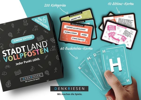 Produktbild: DENKRIESEN - STADT LAND VOLLPFOSTEN&reg; &ndash; Das Kartenspiel &ndash; JUNIOR EDITION "Jeder Punkt z&auml;hlt."