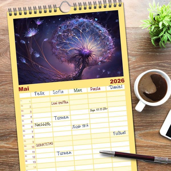 Produktbild: Familienplaner 2026 - Kosmische Bl&uuml;ten mit 5 Spalten (Wandkalender, 21 x 45 cm) CALVENDO
