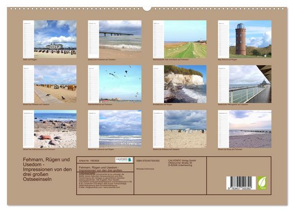 Produktbild: Fehmarn, R&uuml;gen und Usedom - Impressionen von den drei gro&szlig;en Ostseeinseln (hochwertiger Premium Wandkalender 2026 DIN A2 quer), Kunstdruck in Hochglanz