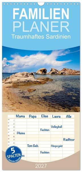 Produktbild: Familienplaner 2027 - Traumhaftes Sardinien mit 5 Spalten (Wandkalender, 21 x 45 cm) CALVENDO