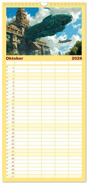 Produktbild: Familienplaner 2026 - Sternenkrieger - Science Fiction Visionen der Maya und Azteken mit 5 Spalten (Wandkalender, 21 x 45 cm) CALVENDO
