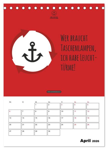 Produktbild: hafenprinzessin: Ankertr&auml;ume & Meer - Der moderne Zitate-Wandkalender f&uuml;r maritime Lebensmomente! (Tischkalender 2026 DIN A5 hoch), CALVENDO Monatskalender