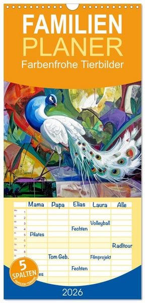 Produktbild: Familienplaner 2026 - Farbenfrohe Tierbilder mit 5 Spalten (Wandkalender, 21 x 45 cm) CALVENDO
