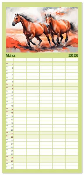Produktbild: Familienplaner 2026 - Jahr des Pferdes - Der unbez&auml;hmbare Geist der Pferde mit 5 Spalten (Wandkalender, 21 x 45 cm) CALVENDO