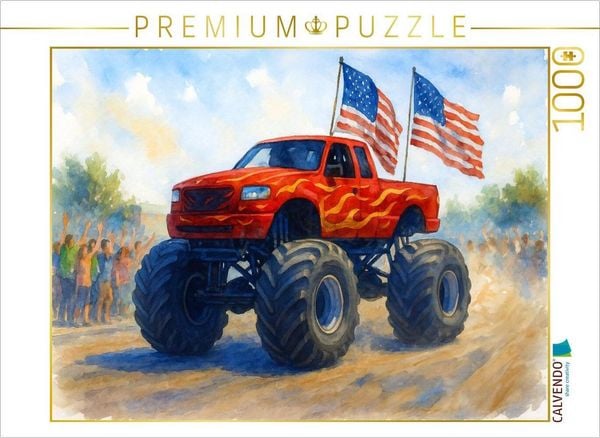 CALVENDO Puzzle Fahnen wehen, Herzen rasen - Monstertruck | 1000 Teile Lege-Größe 64x48cm Foto-Puzzle für glückliche Stunden