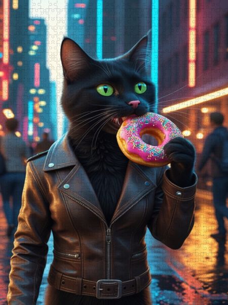 Produktbild: CALVENDO Puzzle Coole schwarze Katze mit Donut - urbanes Katzenbild f&uuml;r Trendsetter | 1000 Teile Lege-Gr&ouml;&szlig;e 64x48cm Foto-Puzzle f&uuml;r gl&uuml;ckliche Stunden