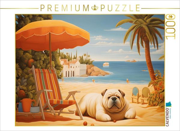 CALVENDO Puzzle Hund liegt am Strand und sonnt sich am Meer | 1000 Teile Lege-Größe 64x48cm Foto-Puzzle für glückliche Stunden