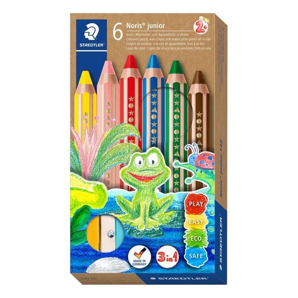 Produktbild: STAEDTLER Noris junior 140 Kindermalstift 3 in 1, Kartonetui mit 6 Malstiften in sortierten Farben und 1 Spitzer, 140 C6