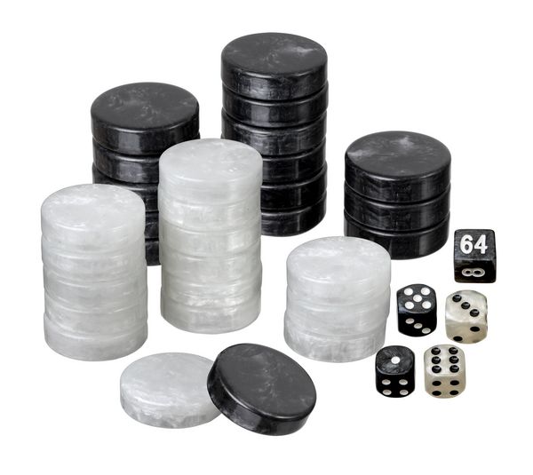 Produktbild: Spielsteine, Backgammon, medium, 28 x 8 mm, Kunststoff, schwarz wei&szlig;, inkl. W&uuml;rfel