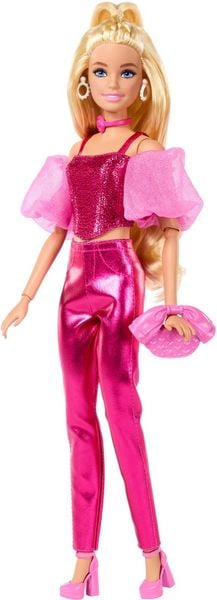 Produktbild: Barbie Deluxe Style-Modepuppe #5 in rosafarbenem Metallic-Outfit mit Korsett-Top und Accessoires, blond