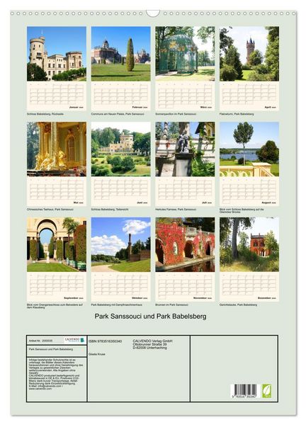 Produktbild: Park Sanssouci und Park Babelsberg (Wandkalender 2026 DIN A2 hoch), CALVENDO Monatskalender