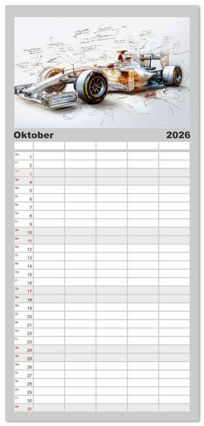 Produktbild: Familienplaner 2026 - Rennwagen - Design Studien mit 5 Spalten (Wandkalender, 21 x 45 cm) CALVENDO