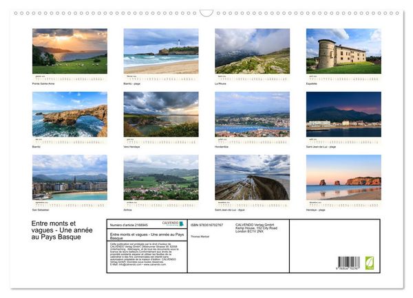 Produktbild: Entre monts et vagues - Une ann&eacute;e au Pays Basque (Calendrier mural 2026 DIN A2 vertical), CALVENDO calendrier mensuel