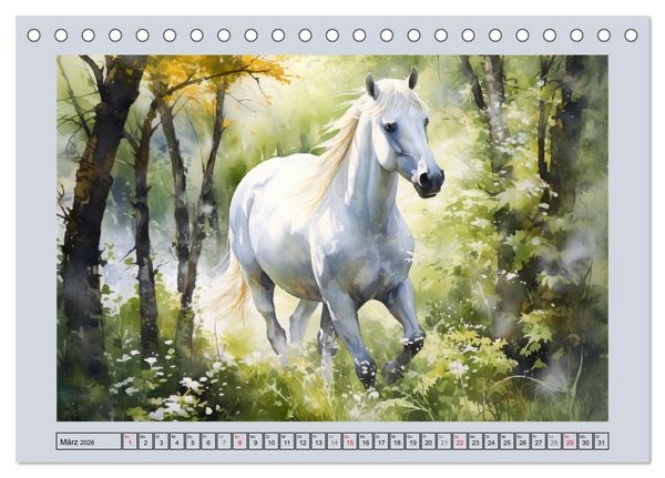 Produktbild: Anmutige Schimmel. &Auml;sthetik wei&szlig;er Aquarell-Pferde (Tischkalender 2026 DIN A5 quer), CALVENDO Monatskalender
