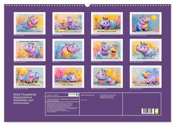 Produktbild: S&uuml;&szlig;e Flusspferde. Hippopotamus Weisheiten zum Schmunzeln (Wandkalender 2026 DIN A2 quer), CALVENDO Monatskalender