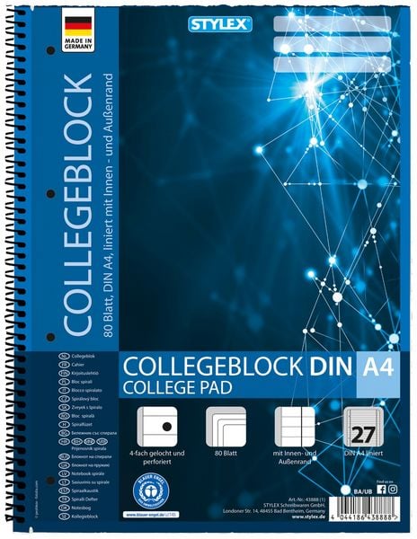 Produktbild: Stylex Collegeblock, Spirale, Lineatur 27, DIN A4, 80 Blatt, liniert