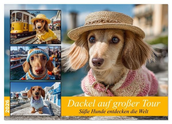 Produktbild: Dackel auf gro&szlig;er Tour - S&uuml;&szlig;e Hunde entdecken die Welt (Wandkalender 2026 DIN A4 quer), CALVENDO Monatskalender