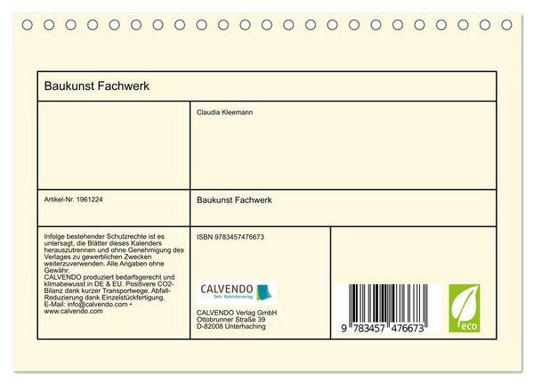 Produktbild: Baukunst Fachwerk (Tischkalender 2026 DIN A5 quer), CALVENDO Monatskalender