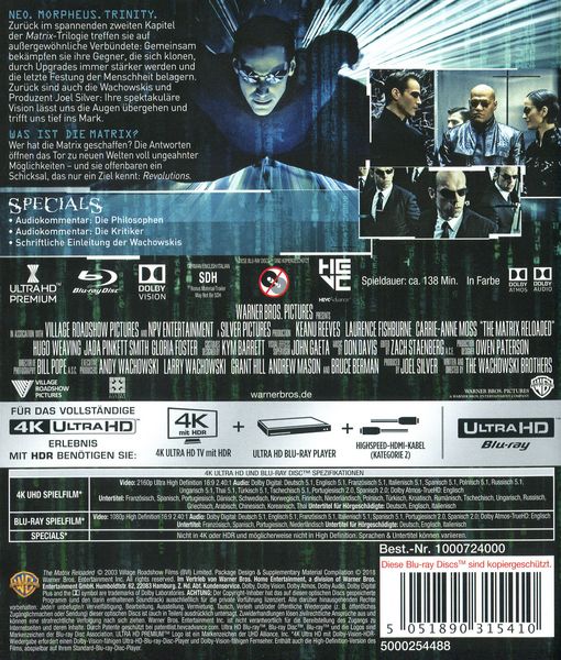 Produktbild: Matrix Reloaded (4K Ultra HD) (+ Blu-ray 2D) (+ Bonus-Blu-ray)