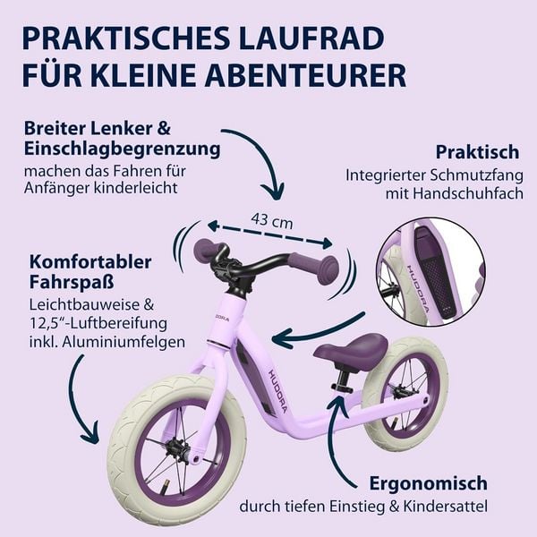 Produktbild: HUDORA 10931 - Laufrad Explory 12 lavender, f&uuml;r Kinder von 90-110 cm, Sitzh&ouml;he: 27-37,5 cm