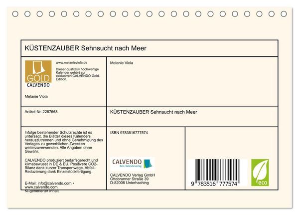 Produktbild: K&Uuml;STENZAUBER Sehnsucht nach Meer (Tischkalender 2027 DIN A5 quer), CALVENDO Monatskalender