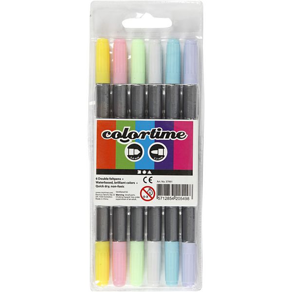 Produktbild: Creativ Company Colortime Dual-Filzstifte, Strichst&auml;rke , 2,3+3,6 mm, Pastellfarben, 6 Stk