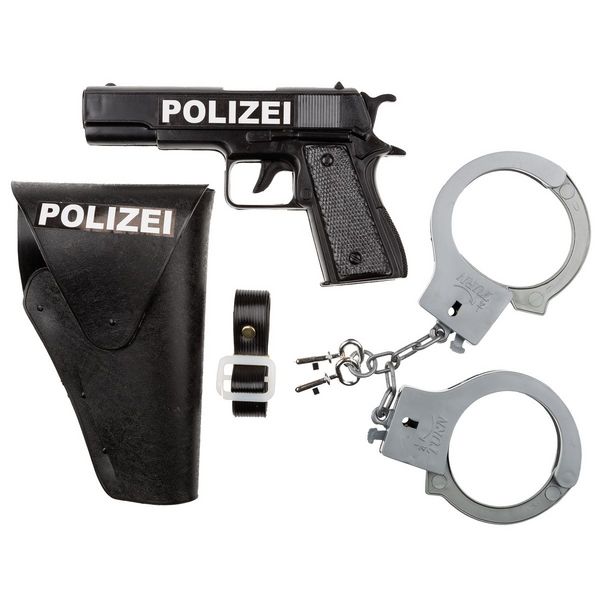 Produktbild: Idena Polizei Set Pistole Pistolenhalfter und Handschellen schwarz/grau 3 Teile