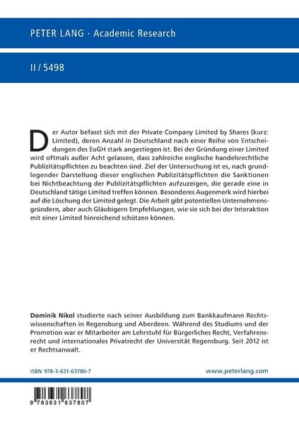 Produktbild: Die Auswirkungen der Nichtbeachtung englischer handelsrechtlicher Publizit&auml;tspflichten auf eine Private Company Limited by Shares mit Verwaltungssitz in Deutschland