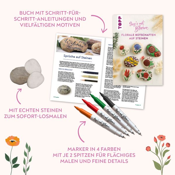 Produktbild: Kreativ-Set: Sag's mit Blumen - Florale Botschaften auf Steinen. Mit Anleitungsbuch und Material