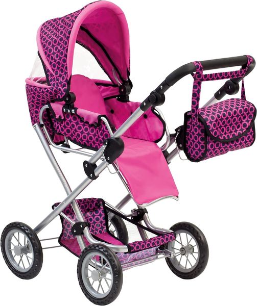 Bino 82916 - Colin Puppenwagen mit Tasche, Hängetasche und Netz, zusammenklappbar, rosa/schwarz