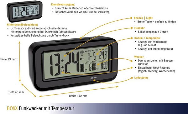 Produktbild: TFA Dostmann 60.2554.01 Funk Wecker Schwarz Alarmzeiten 2 Gro&szlig;es Display