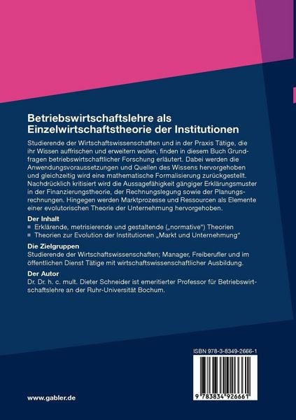 Produktbild: Betriebswirtschaftslehre als Einzelwirtschaftstheorie der Institutionen