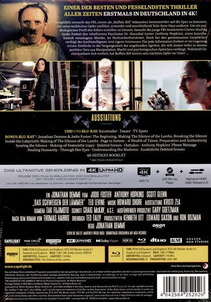 Produktbild: Das Schweigen der L&auml;mmer - Limitiertes Mediabook &ndash; Cover B (4K Ultra HD + Blu-ray + Bonus-Blu-ray)