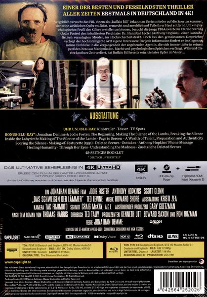 Produktbild: Das Schweigen der L&auml;mmer - Limitiertes Mediabook &ndash; Cover B (4K Ultra HD + Blu-ray + Bonus-Blu-ray)