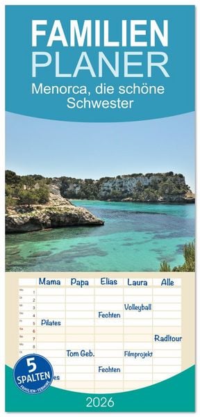 Produktbild: Familienplaner 2026 - Menorca, die sch&ouml;ne Schwester mit 5 Spalten (Wandkalender, 21 x 45 cm) CALVENDO
