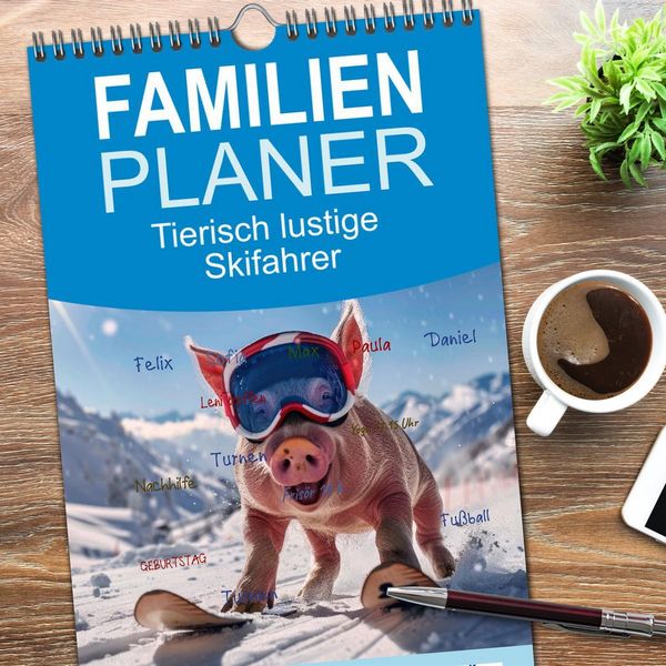 Produktbild: Familienplaner 2026 - Tierisch lustige Skifahrer mit 5 Spalten (Wandkalender, 21 x 45 cm) CALVENDO