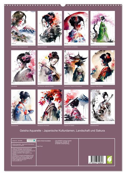 Produktbild: Geisha Aquarelle - Japanische Kulturdamen, Landschaft und Sakura (hochwertiger Premium Wandkalender 2026 DIN A2 hoch), Kunstdruck in Hochglanz