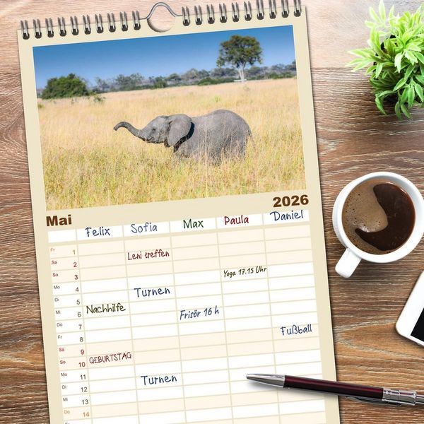 Produktbild: Familienplaner 2026 - Babyelefanten mit 5 Spalten (Wandkalender, 21 x 45 cm) CALVENDO