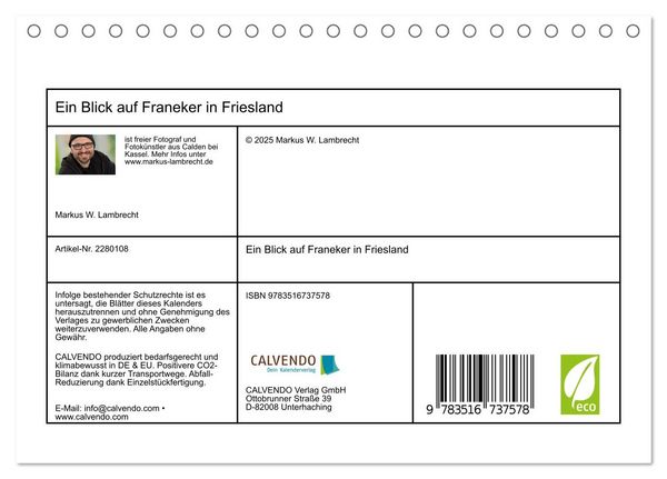 Produktbild: Ein Blick auf Franeker in Friesland (Tischkalender 2026 DIN A5 quer), CALVENDO Monatskalender