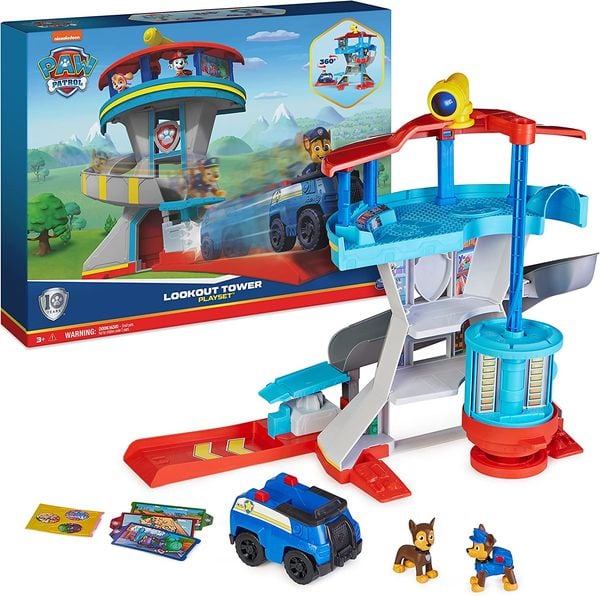 PAW Patrol, Lookout Tower, Hauptquartier Spielset mit 1 Chase Basis Fahrzeug, 2 Chase Figuren und Zubehör