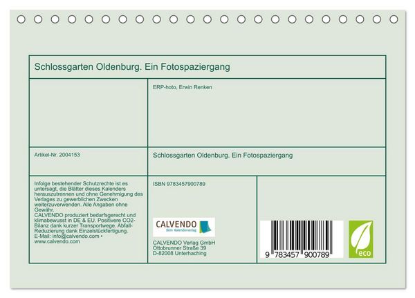 Produktbild: Schlossgarten Oldenburg. Ein Fotospaziergang (Tischkalender 2026 DIN A5 quer), CALVENDO Monatskalender