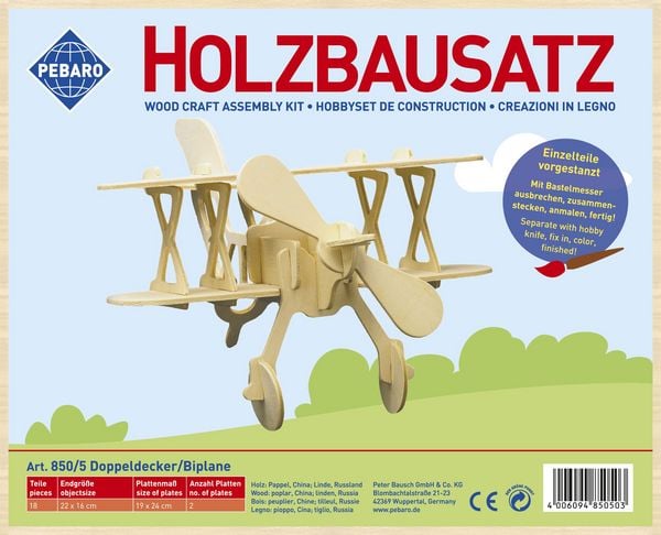 Produktbild: PEBARO 850/5 - Holzbausatz Doppeldecker, 18 Teile, Holzkonstruktion zum Zusammenstecken
