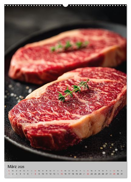 Produktbild: Saftiges Fleisch - Steaks f&uuml;r Genie&szlig;er und Fleischliebhaber (hochwertiger Premium Wandkalender 2026 DIN A2 hoch), Kunstdruck in Hochglanz