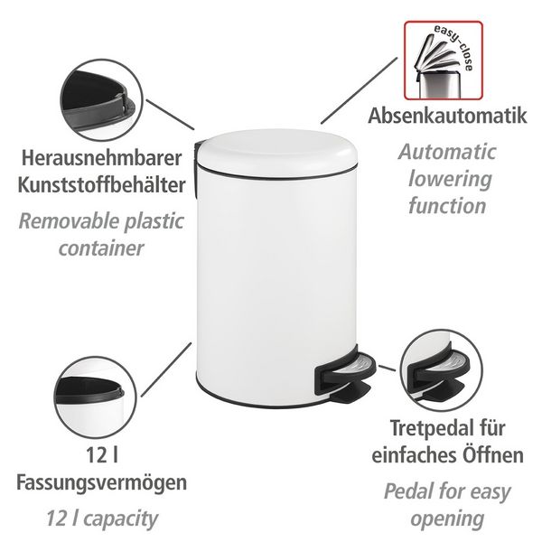 Produktbild: Treteimer Mod. Leman Easy Close Wei&szlig; 12 L, mit herausnehmbarem Einsatz