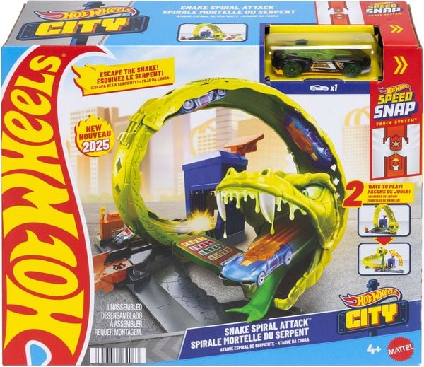 Hot Wheels Schlangen-Spiralattacke Spielset mit Die-Cast-Spielzeugauto im Maßstab 1:64 und schnellem Track-Stecksystem