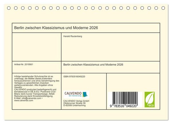 Produktbild: Berlin zwischen Klassizismus und Moderne 2026 (Tischkalender 2026 DIN A5 quer), CALVENDO Monatskalender