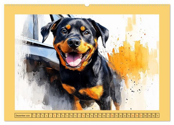 Produktbild: Kraftvolle Rottweiler. Stattliche Begleithunde im Aquarell-Stil (Wandkalender 2026 DIN A2 quer), CALVENDO Monatskalender